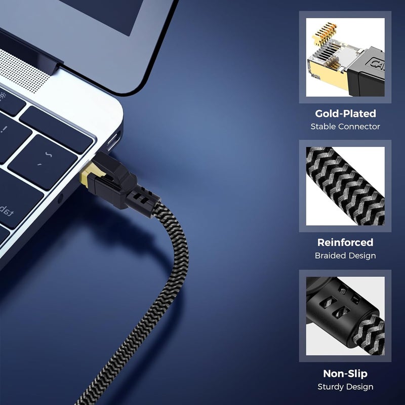 VABNEER Cat 8 Ethernet Cable 23FT, High-Speed Braided Internet Cable Network Cord with Gold Plated RJ45 Connector 40Gbps 2000Mhz Heavy Duty LAN Cable Shielded Indoor - Image 4
